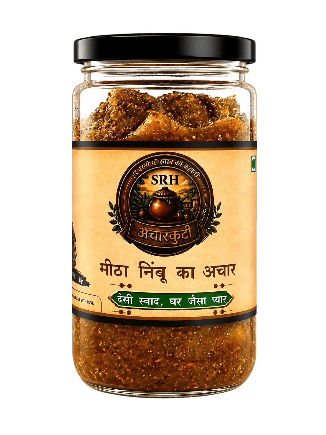 SRH AchaarKuti Nimbu Mitha Achar traditional homemade sweet lemon pickle in glass jar